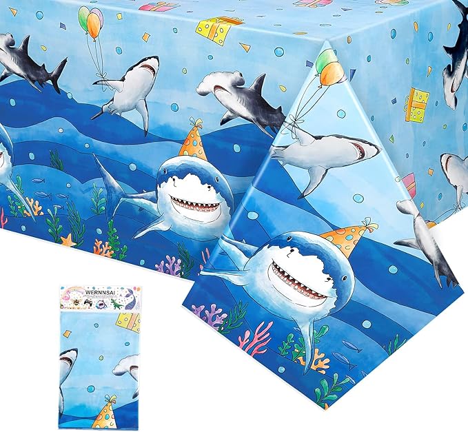 WERNNSAI 1PCS Shark Table Cloth - Shark Birthday Decorations Blue