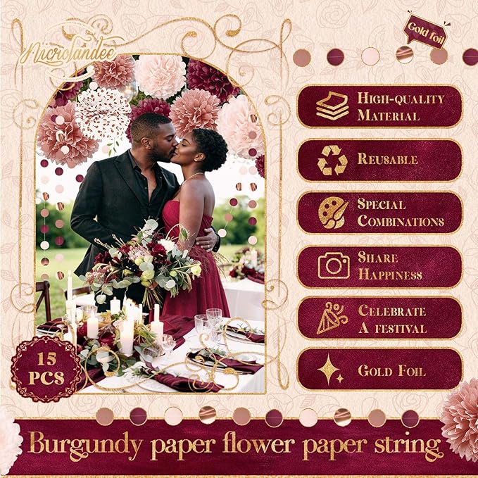 Bachelorette Party Decorations 15Pcs Burgundy Rose Gold Tissue Pom