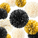 Black Gold Party Decorations 15 PCS Tissue Paper Pom Poms Kit for
