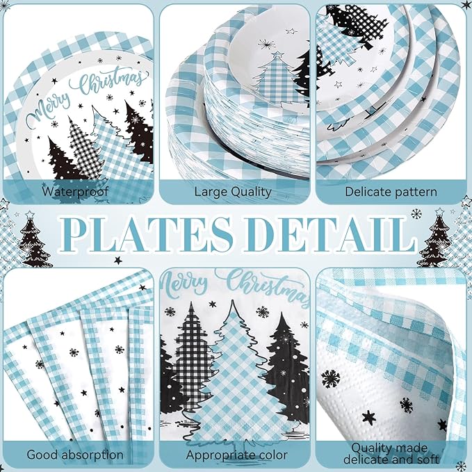 452 Pcs Light Blue Christmas Party Decoration for 50 Plaid Gingham