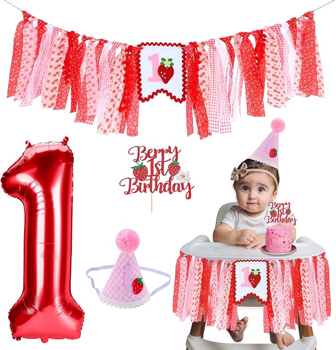 Strawberry Highchair Banner for Baby First Birthday Party