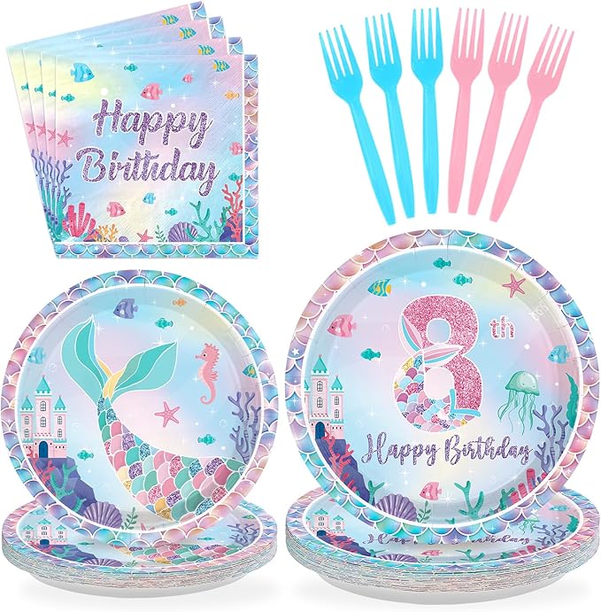 Grencian 96PCS Mermaid Birthday Party Decorations Mermaid 8th