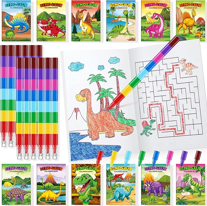 24 Dinosaur Mini Coloring Books Kids with 24 Stacking Crayons Dino