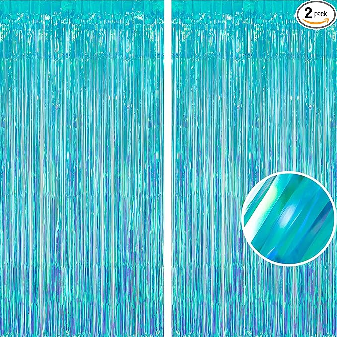 BRAVESHINE Iridescent Blue Foil Fringe Backdrop - 2 Pack 3.2x6.5 ft