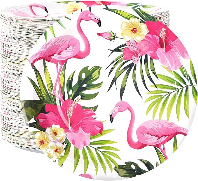 100 Pcs Hawaiian Flamingo Paper Plates 9 Inch Luau Party Plates