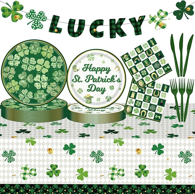 102 Pcs St Patrick's Day Paper Plates and Napkins Green Shamrock