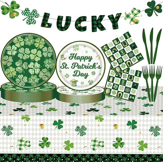 102 Pcs St Patrick's Day Paper Plates and Napkins Green Shamrock