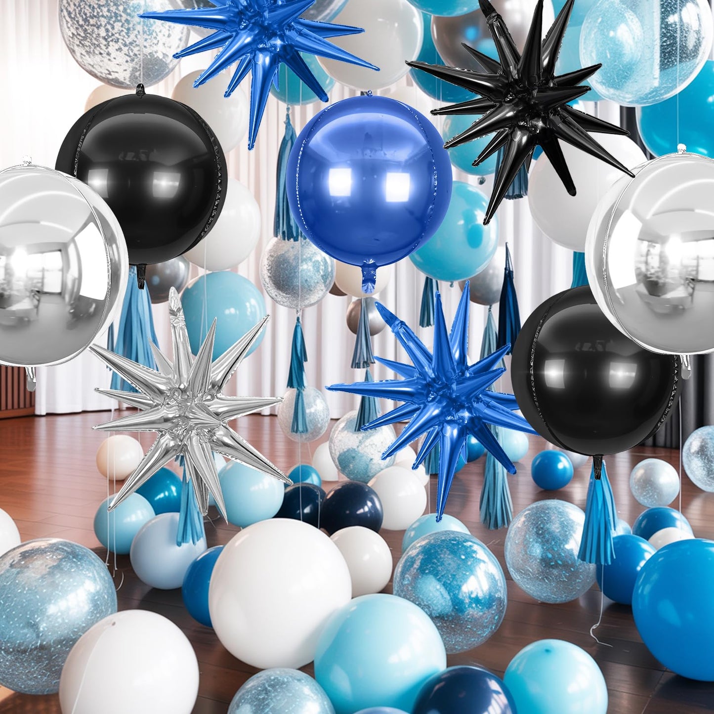6Pcs Black Blue Silver Foil Balloons,22Inch Black Blue 4D Round Ball