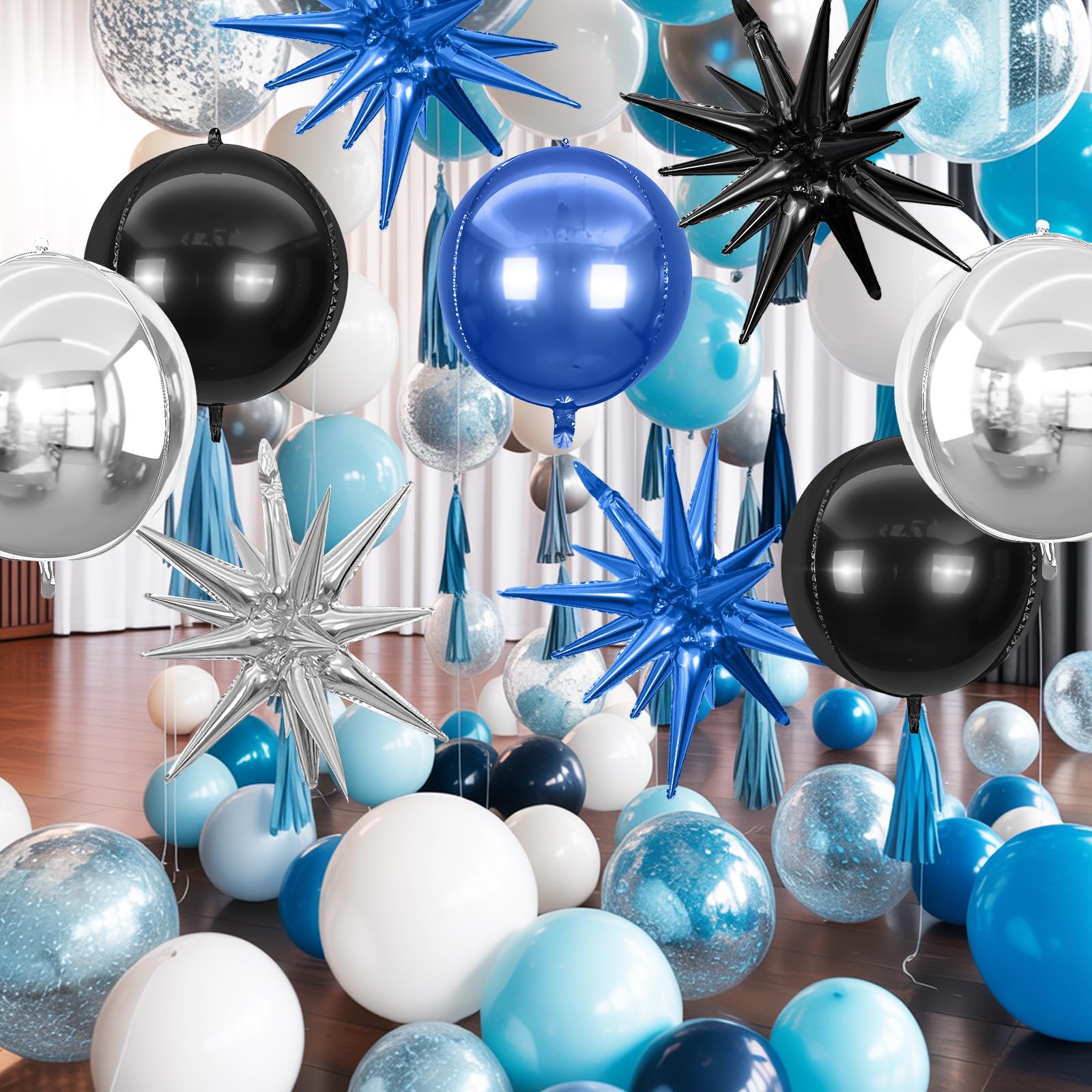6Pcs Black Blue Silver Foil Balloons,22Inch Black Blue 4D Round Ball