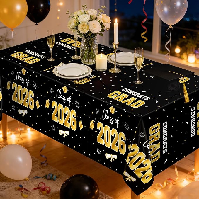 QZYL 4 Pack Graduation Decorations, 54" x 108" Black and Gold