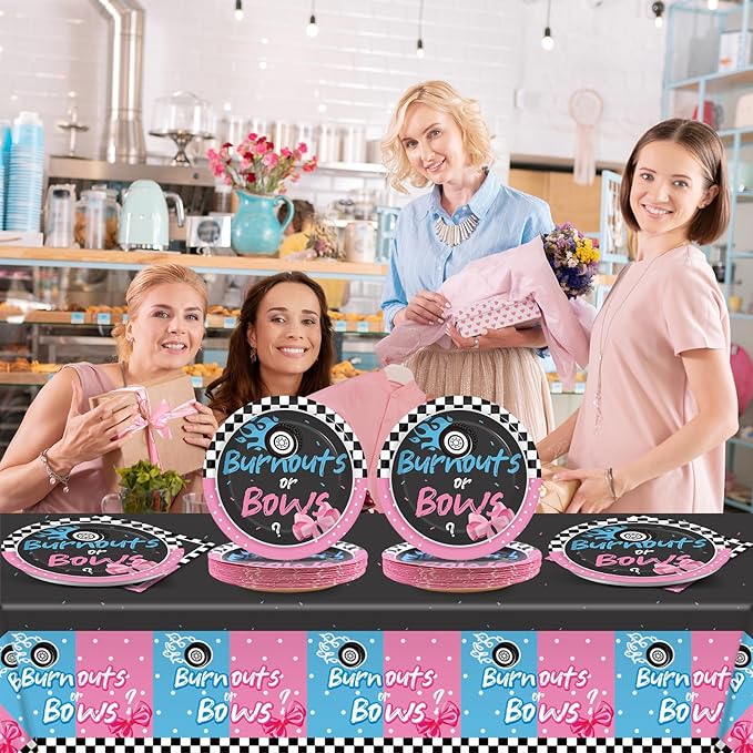 24 Guests Burnouts or Bows Gender Reveal Party Supplies Baby Boy or