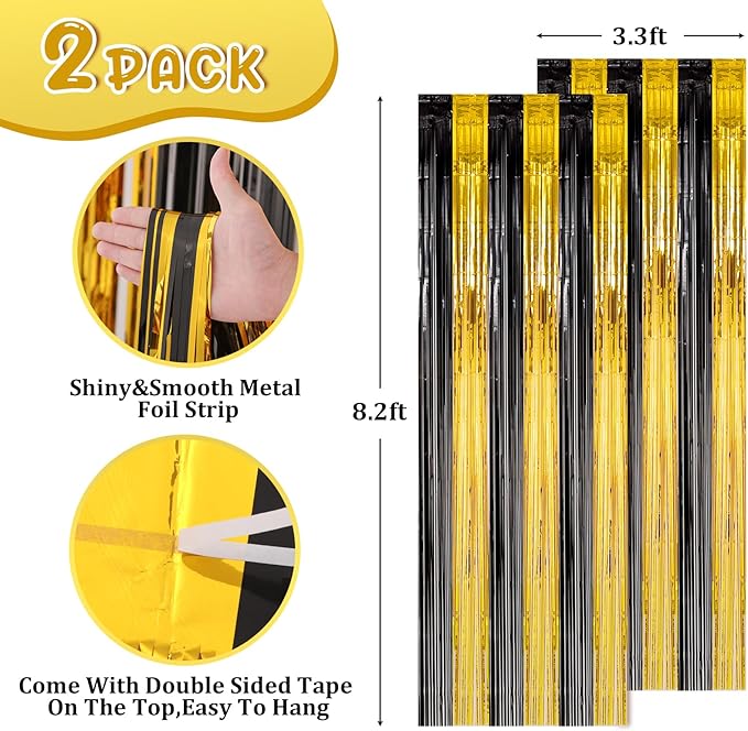 Voircoloria 2 Pack Black and Gold Foil Fringe Backdrop Curtains,