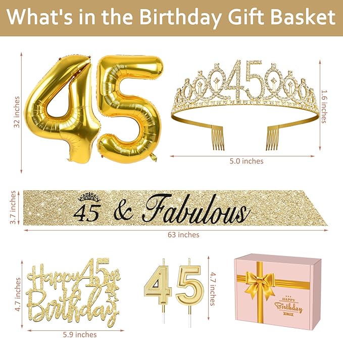 45th Birthday Decorations for Women Gold with 45th Birthday Sash and