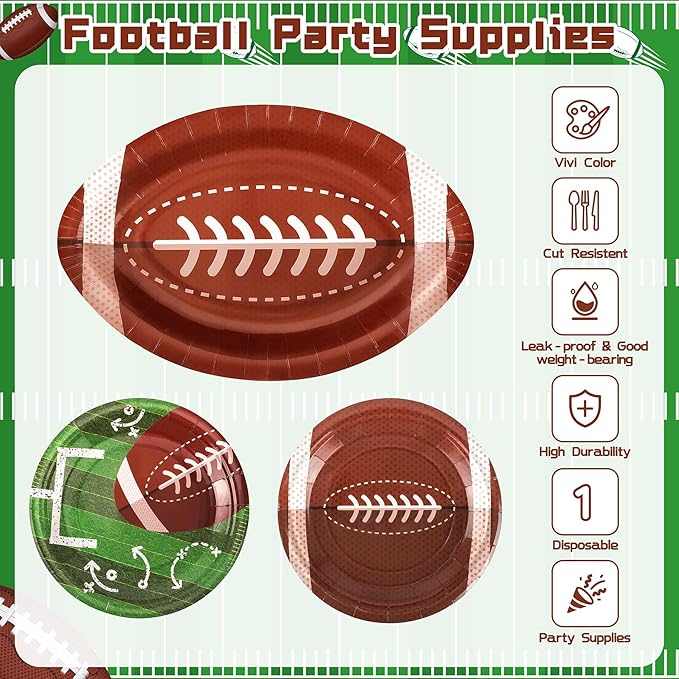 72PCS Football Party Plates and Napkins 11.8in Football Shaped