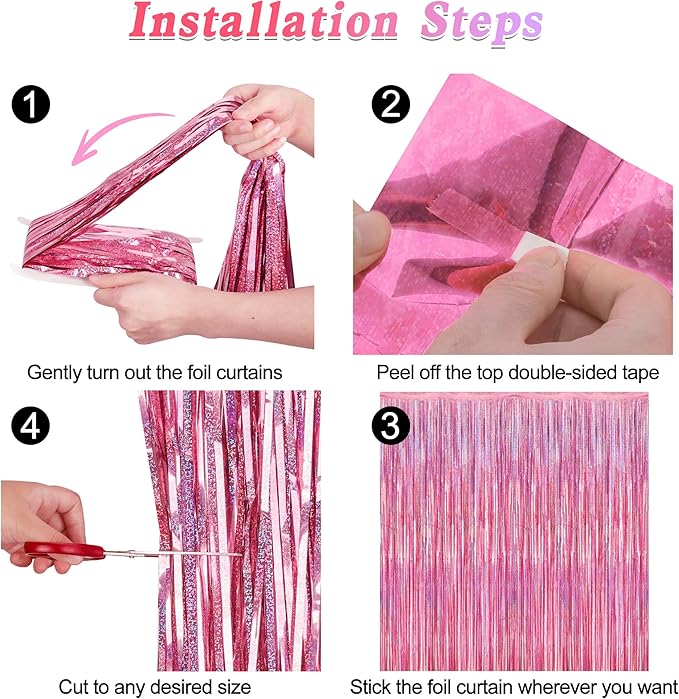 8 Pack Pink Backdrop, 3.28 FT x 7.05 FT Fringe Curtains, Metallic