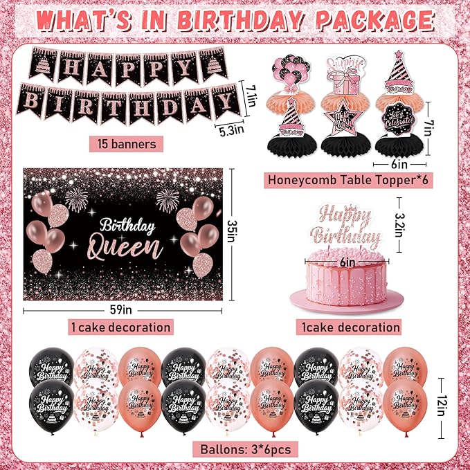 Rose Gold Birthday Decorations for Women 37Pcs Happy Queen Party Kit