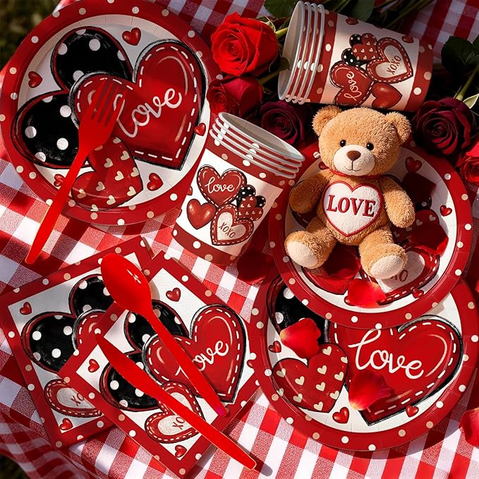 168Pcs Valentine's Day Party Supplies Red and Black Heart Party