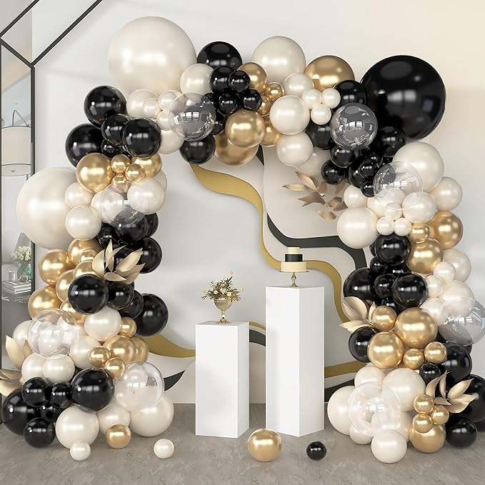 Amandir 173Pcs Black Pearl White Gold Balloons Arch Garland Kit,