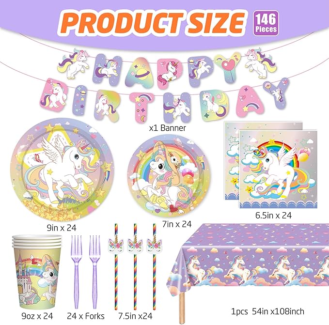 146Pcs Unicorn Plates and Napkins Party Supplies Includes Plates
