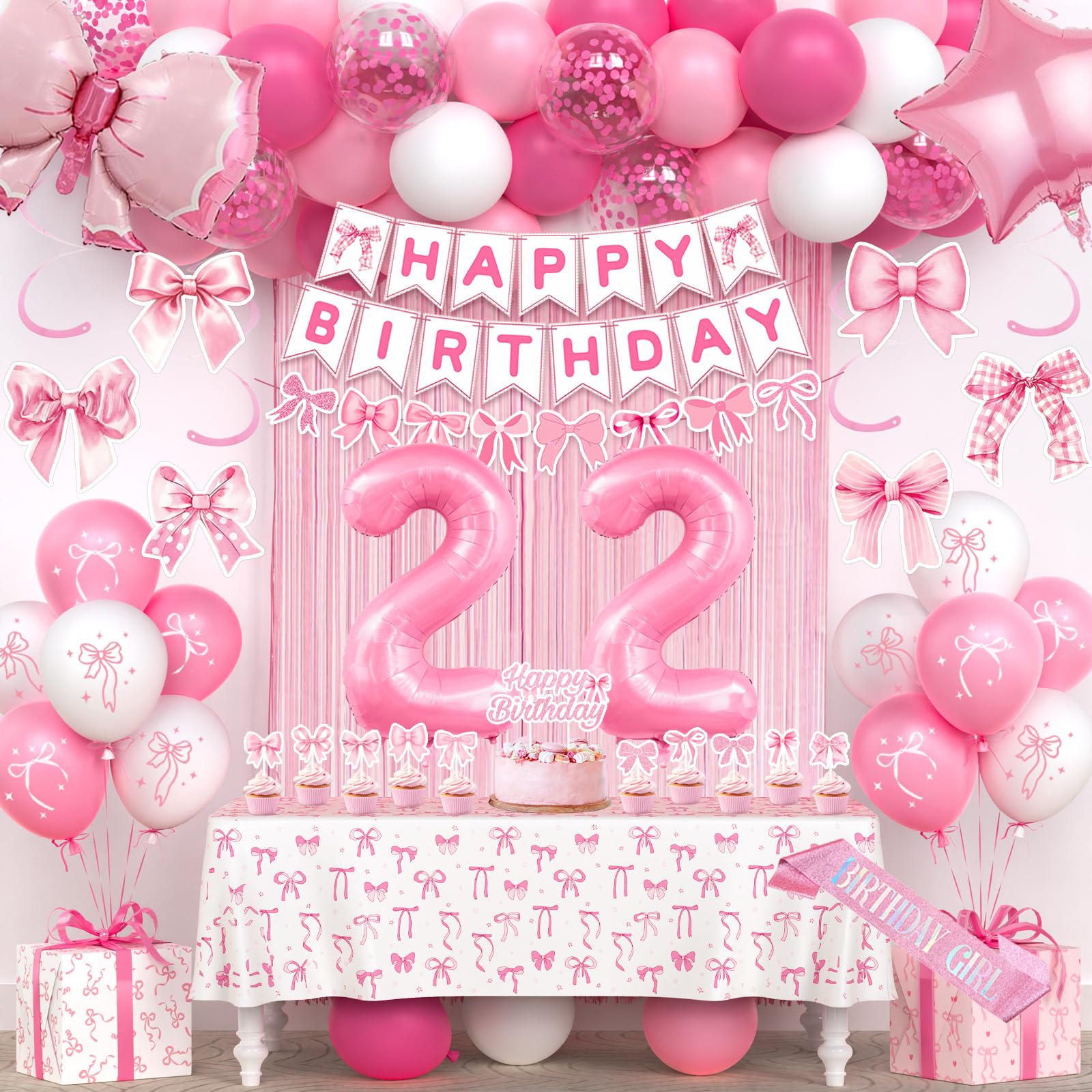 22nd Pink Birthday Decorations for Women, Pink Bow Coquette Birthday