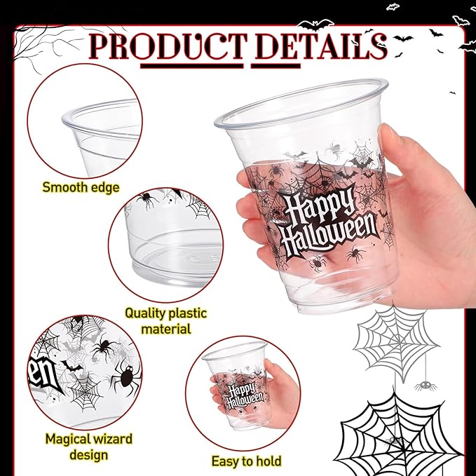 50 Pcs Halloween Cups 12 oz Spider Plastic Cups Clear Happy
