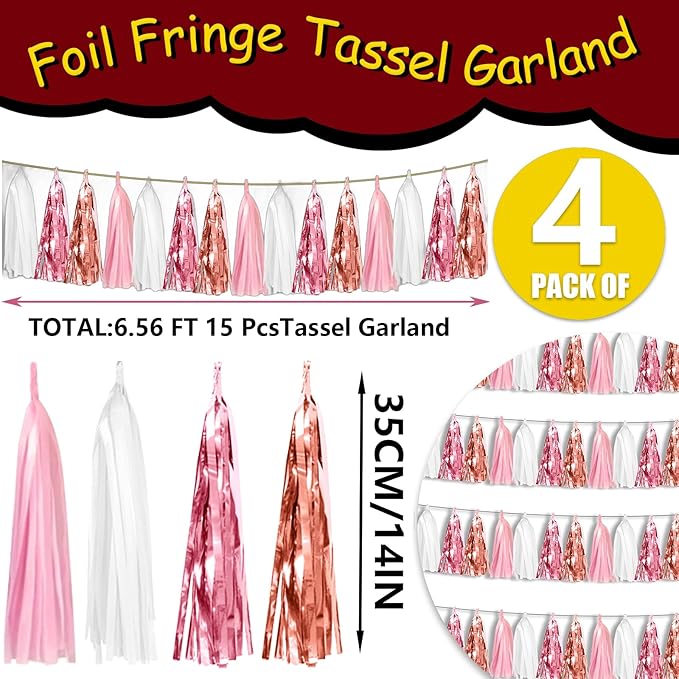 4P Rose-Gold Pink White Foil Fringe Tassel Banner Garland Metallic