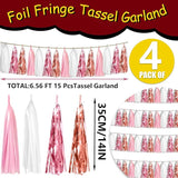 4P Rose-Gold Pink White Foil Fringe Tassel Banner Garland Metallic
