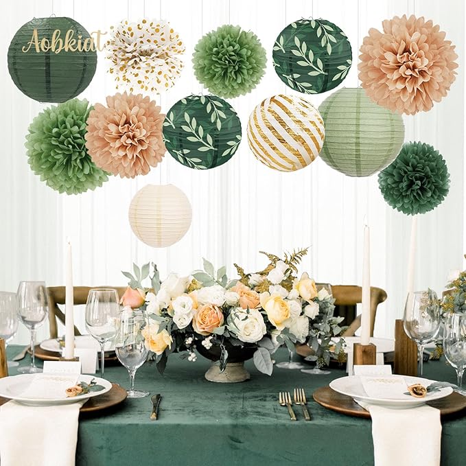 AOBKIAT Wedding Party Decorations Set,12PCS Olive Green Sage Paper