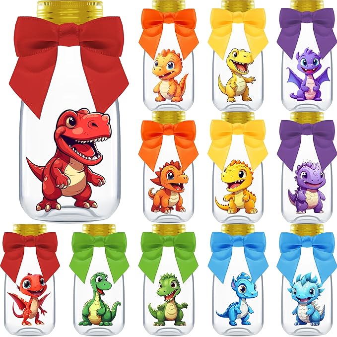 Small 12 Pack Dinosaur Party Favors DIY Candy Jars with Ribbons and
