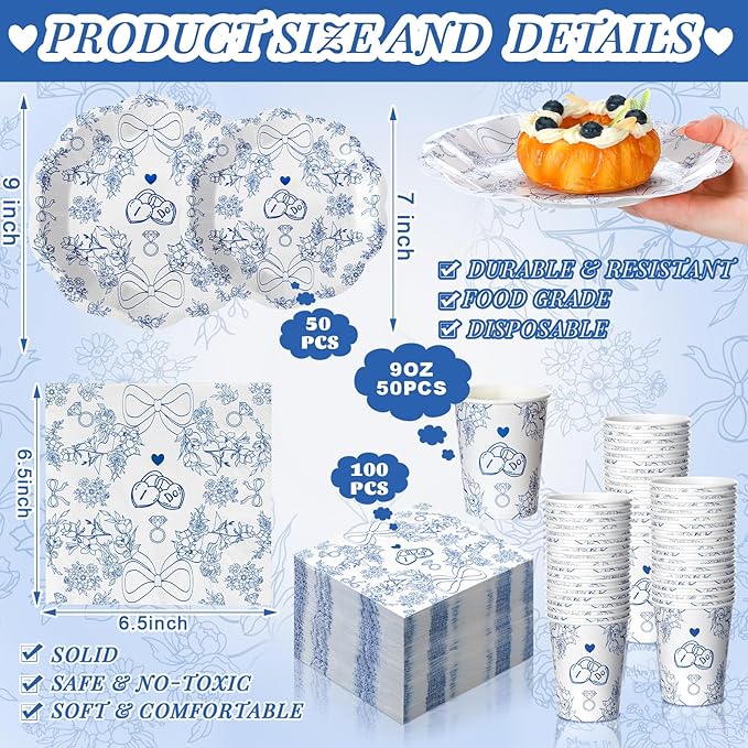 250 Pcs Something Blue Disposable Plates and Napkins Bridal Shower