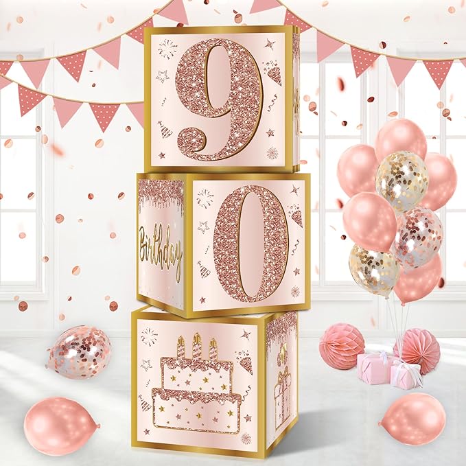 3Pcs 90th Birthday Decorations Boxes for Women Pink Rose Gold 90th