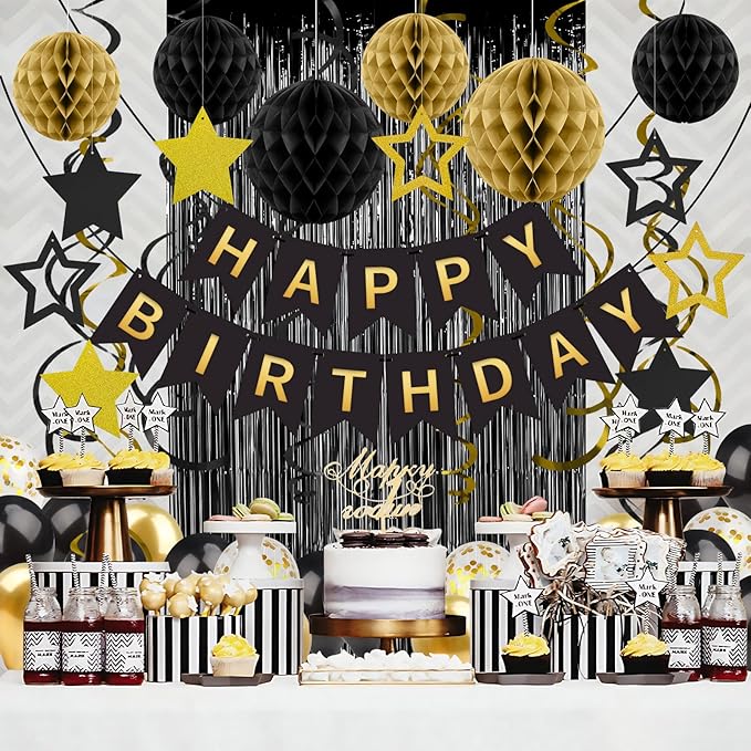 Black Gold Birthday Decorations for Men Women, Recosis Balloons in