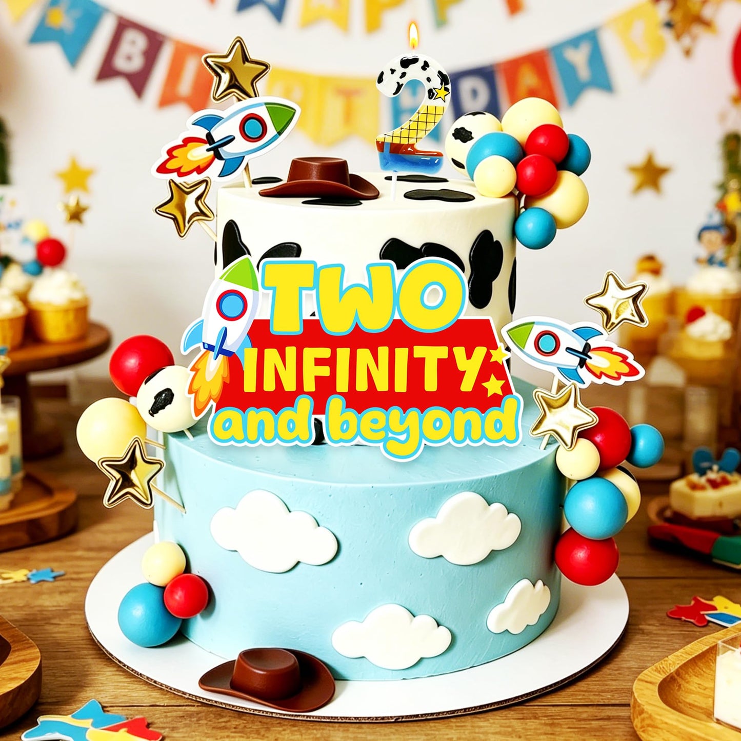 Two Infinity and Beyond Cartoon Story Cake Toppers Set - Space Cowboy