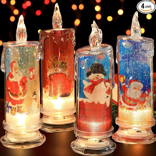 Flameless LED Candles Set of 4 with Santa Claus Snowman Decals