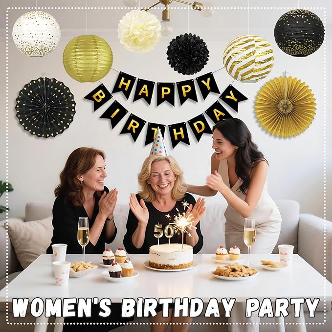 14Pcs Black and Gold Party Decorations Hanging Paper Lanterns Fans