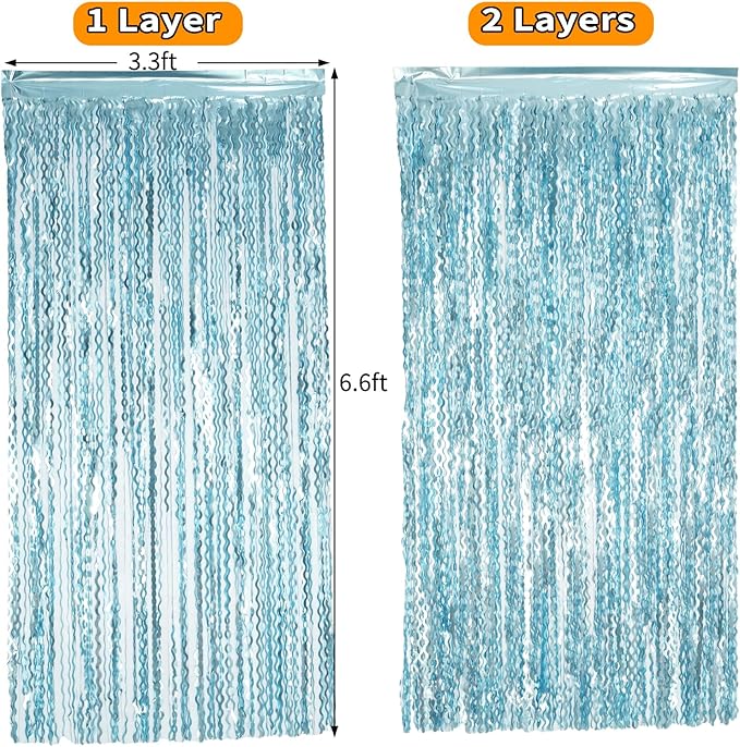 4 Pack Wavy Blue Foil Fringe Curtain 3.3x6.6 Feet | Blue Streamers