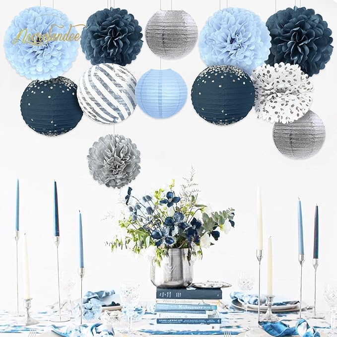 Dusty Blue Wedding Decorations 12 PCS Blue Grey Tissue Pom Poms