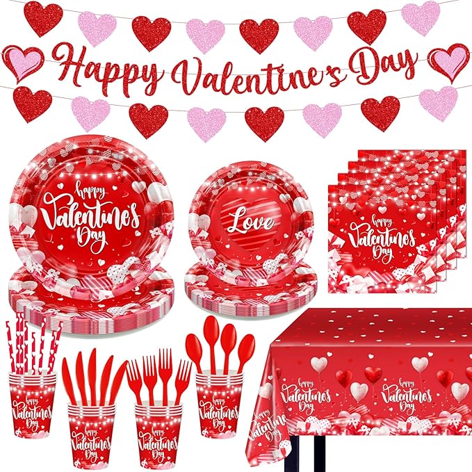 Valentine's Party Decorations 196 Pcs Valentines Plates and Napkins