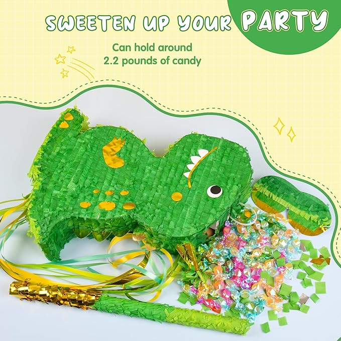 Small Dinosaur Pinata T Rex Green Gold with a Blindfold a Bat and