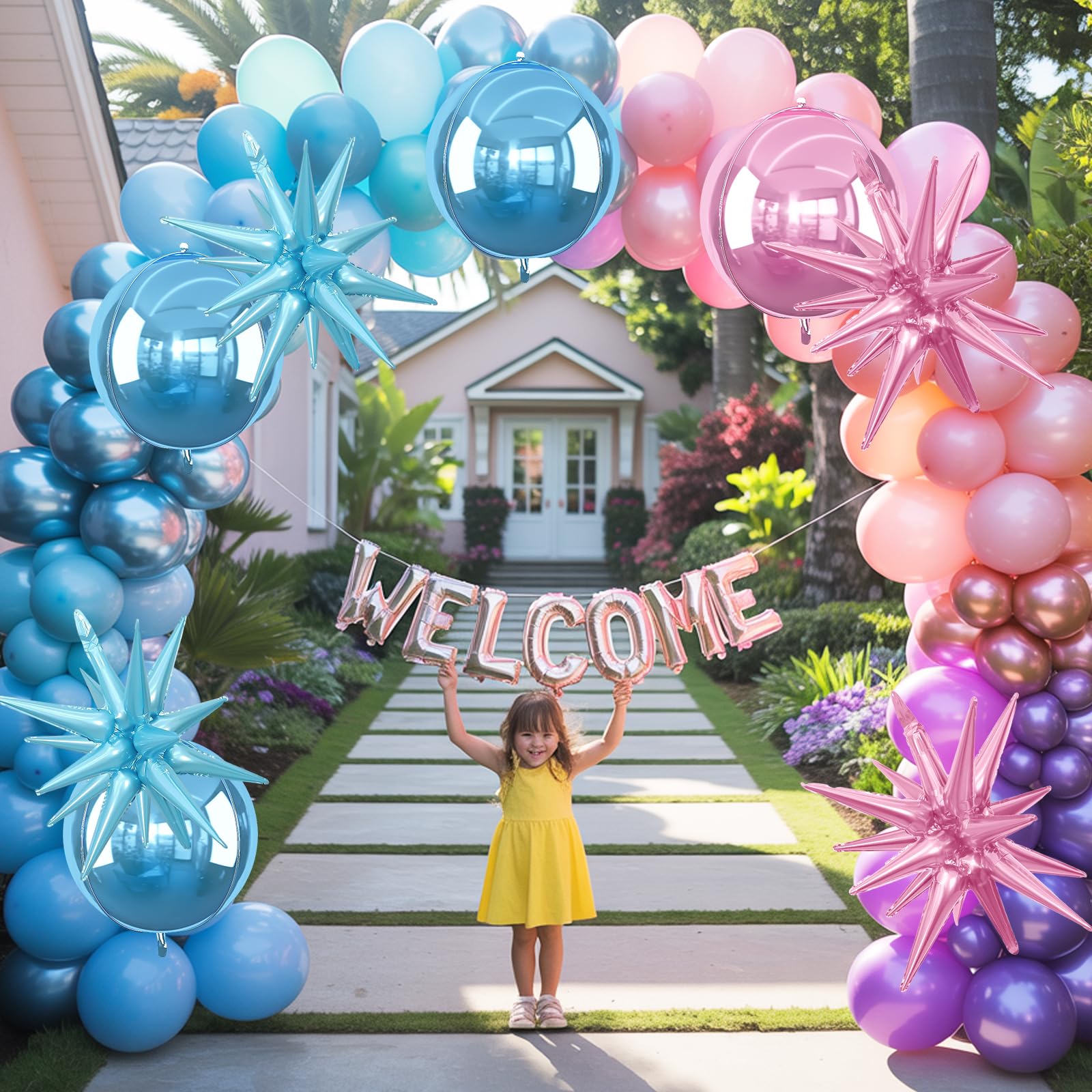6Pcs Pink Blue Foil Balloons,22Inch Blue Pink 4D Round Ball Balloon