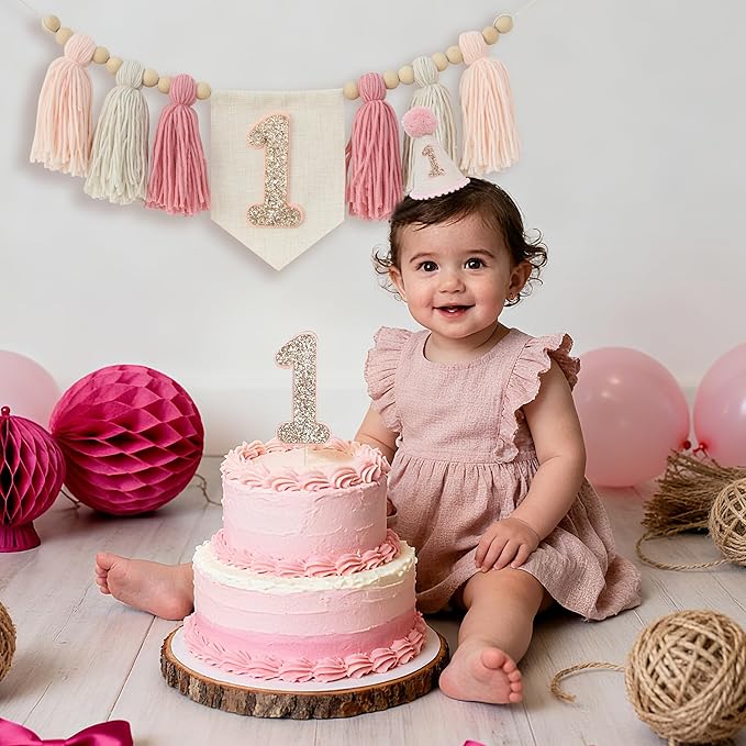 Pink 1st Birthday Decoration High Chair Banner for Girl 1st Birthday