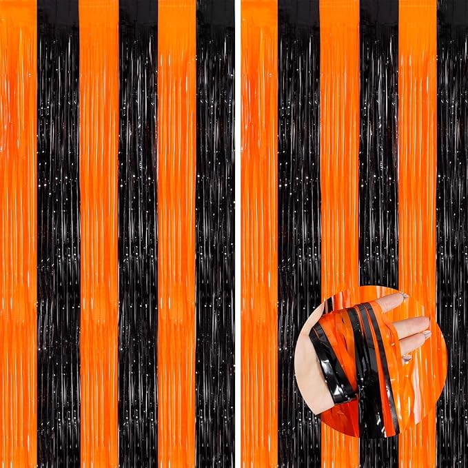 Orange Black Tinsel Foil Fringe Curtains, 2 Pack 3.3x8.3 Feet Party