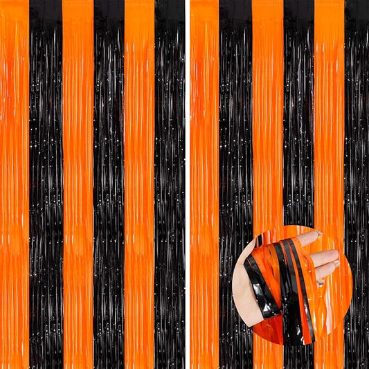 Orange Black Tinsel Foil Fringe Curtains, 2 Pack 3.3x8.3 Feet Party