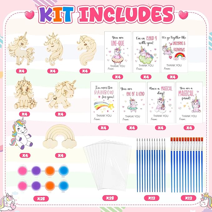 28 Sets Unicorn Party Favors Wood Painting Craft Kits with Art