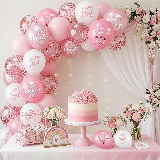 Pink Graduation Balloons,12 Inch Pink and Rose Gold Printed 2026,You