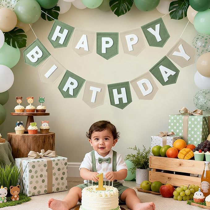 Felt Green Khaki Happy Birthday Banner Pastel Wild One Birthday