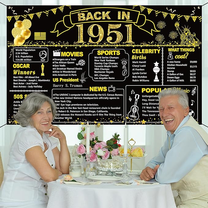 DARUNAXY 75th Birthday Black Gold Party Decoration, Back in 1951