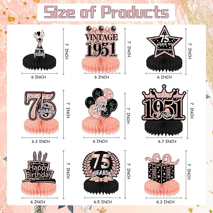 75th Birthday Decorations Women, 9PCS Rose Gold 75th Birthday