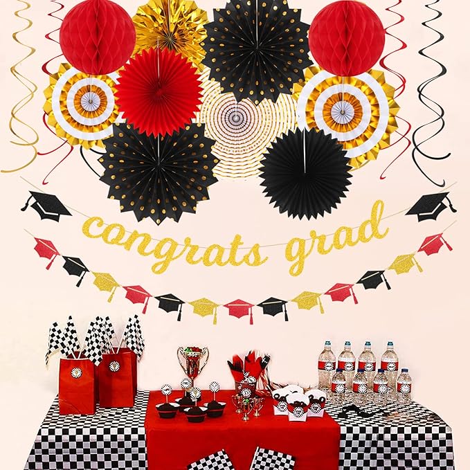 Red-Black Gold Party-Decorations Graduation Banner-Streamers - 18pcs