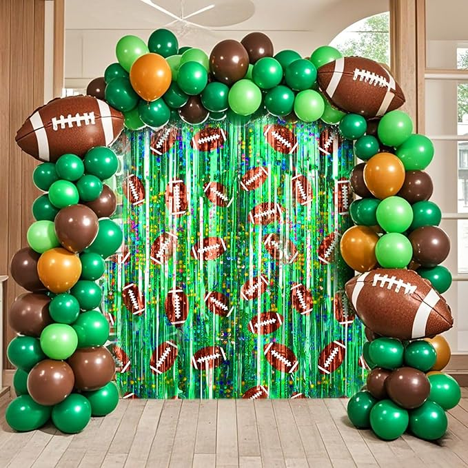 2 Packs Football Foil Fringe Curtain, Green Glitter Metallic Tinsel